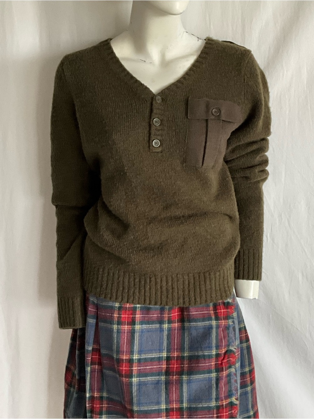 Vintage Zara Young Olive Military Sweater Henley Utility Pocket L Y2K